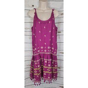 Calypso St Barth Pink Metallic Embroidered Dress XS 100% Linen Tiered Fringe
